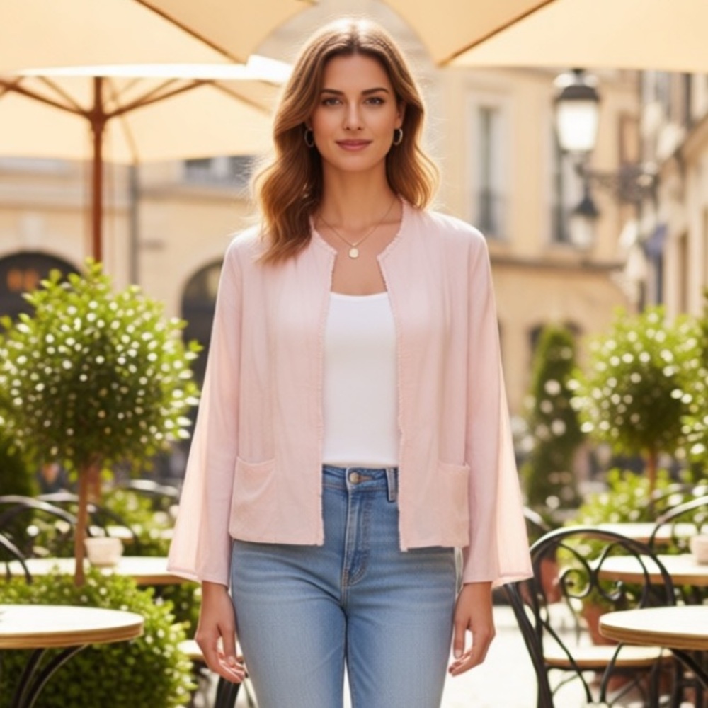 ANTHROPOLOGIE DREW Linen Blend Blazer Fringe Open Front Pink Minimalist Sz: S